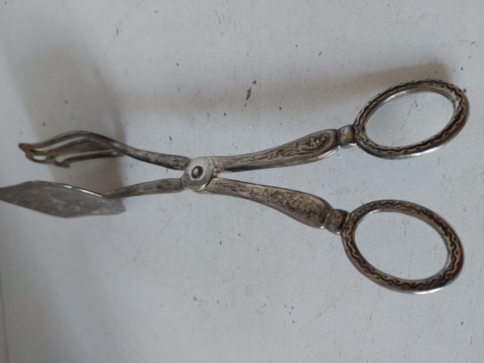 Clește vintage tip foarfeca, placat cu argint, pentru prăjituri sau produse de patiserie, 22cm
