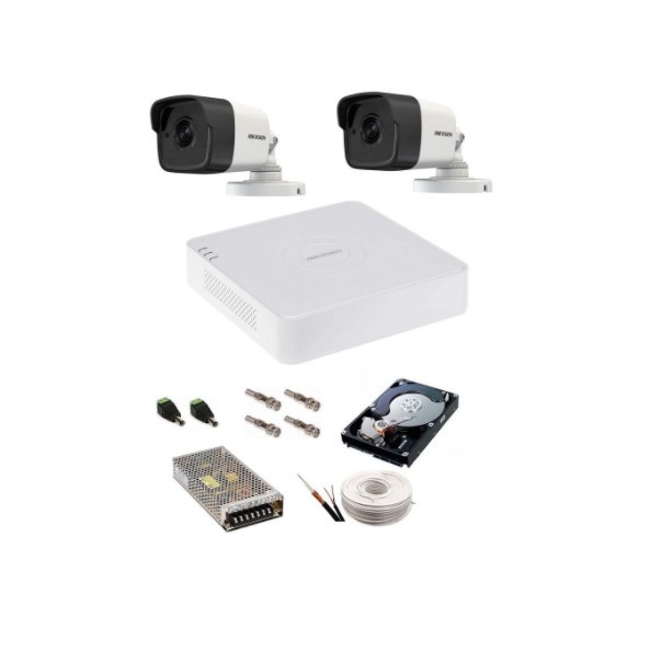 Kit complet supraveghere 5 MP Hikvision Turbo HD cu 2 camere Bullet IR 20 m,alimentatori, cabluri, mufe, HDD 500 Gb, vizualizare pe internet SafetyGua