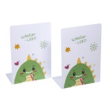 Suport metalic pentru carti, imprimeu dinozaur,alb-verde,12x9x15 cm, 2 bucati set