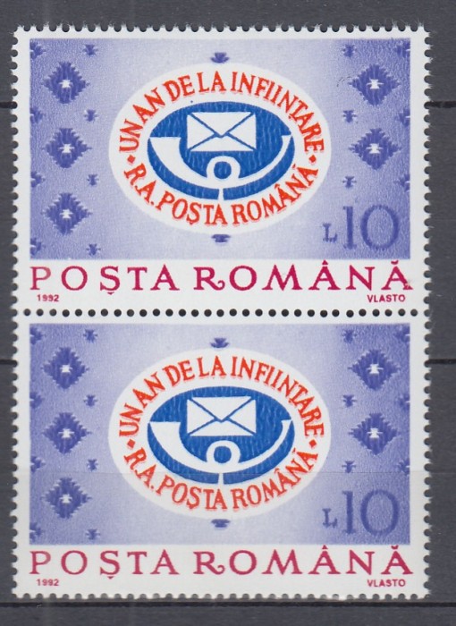 ROMANIA 1992 LP 1298 - 1 AN INFIINTAREA REGIEI AUTONOME POSTA ROMANA PERECHE MNH