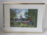 Tablou pictura originala &ndash; Peisaj cu biserica si sat traditional, 40x31 cm, nesemnat