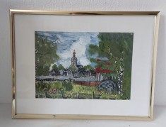 Tablou pictura originala &ndash; Peisaj cu biserica si sat traditional, 40x31 cm, nesemnat