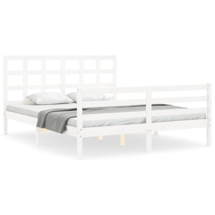 Cadru de pat cu tablie, alb, king size, lemn masiv