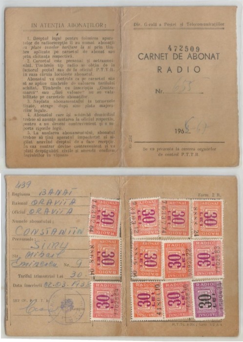 Romania, Carnet de abonat radio, Oravita, 1965