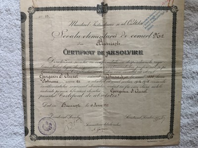 Diploma de Absolvire Scoala Elementara de Comert , Regatul Romaniei foto