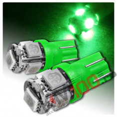 Set 2 becuri T10 cu 5 LED-uri SMD 12V (verde) foto