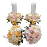 Set nunta, 2 lumanari personalizabile cu nume si data, 40 cm cu aranjament frontal, 2 buchete medii cu 17 trandafiri (Multicolor), Eventissimi&reg;
