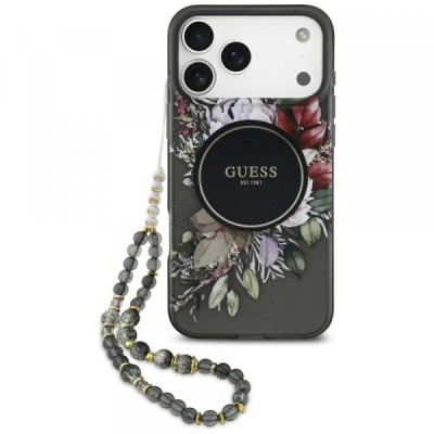 Husa MagSafe pentru Apple iPhone 17 Pro Max, Guess, IML Flowers with Pearl Strap, Neagra foto