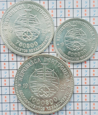 Set 3 monede Portugalia 500, 750, 1000 escudos Exhibition 1983 argint - A033 foto