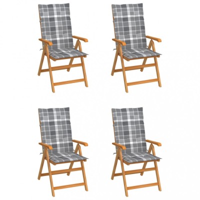 vidaXL Scaune grădină, perne gri model carouri, 4 buc., lemn masiv tec 3065544 foto