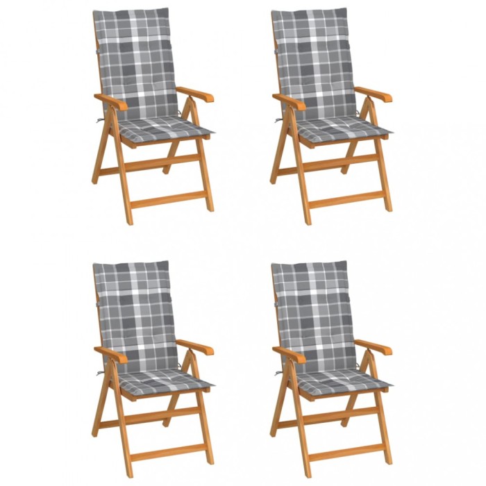 vidaXL Scaune grădină, perne gri model carouri, 4 buc., lemn masiv tec 3065544