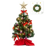 Copăcel de Crăciun HAUSPROFI Mini de Masă 60CM Mic - cu Lumini - Artificial - cu Conuri de Pin | Baloane Decorative cu Funde | Autocollante de Guirlan
