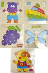 Set 5 Puzzle-uri din lemn, Placa Incastru, Hipopotam, Vapor, Strugure, Libelula, Catel Engleza, 34 piese