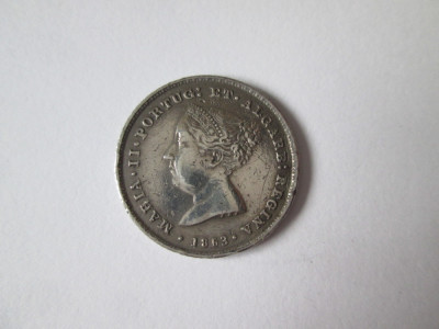 Rară! Portugalia 100 Reis 1853 argint 917 regina Maria II foto