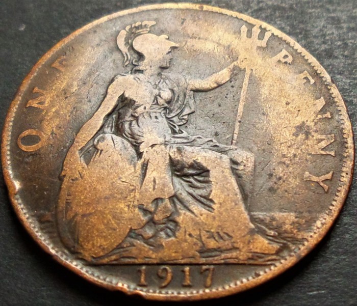 Moneda istorica 1 (One) PENNY - ANGLIA, anul 1917 *cod 4954 A - EDWARDVS V