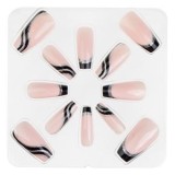 Set Unghii False cu Adeziv, French Roz/Negru cu Glitter Argintiu, Formă Coffin, 12 buc, CMCLASS