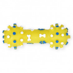 Jucărie pentru câini - halteră din vinil cu scârțâitoare, galbenă 12cm