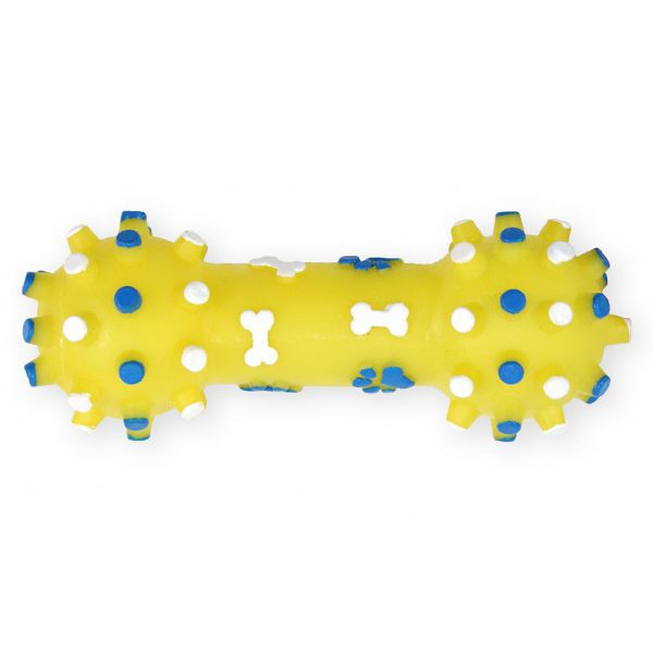 Jucărie pentru c&acirc;ini - halteră din vinil cu sc&acirc;rț&acirc;itoare, galbenă 12cm