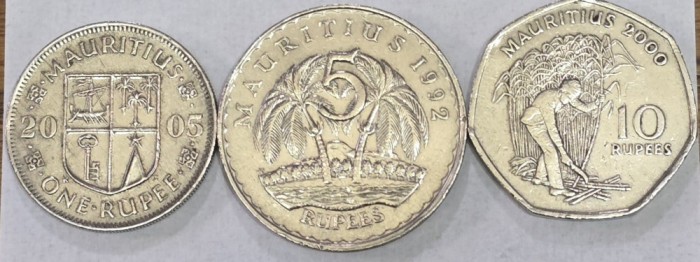 MAURITIUS Set / Lot 13 , 3 Monede : 1 Rupee 2005 + 5 Rupees 1992 + 10 Rupees 2000