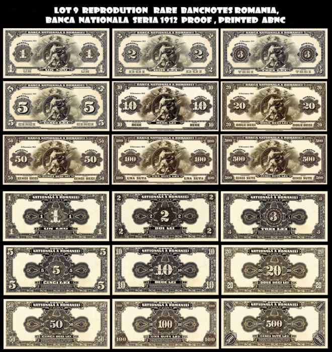 Lot 9 Reproducere bancnote Romania Seria 1912 Proof Antique