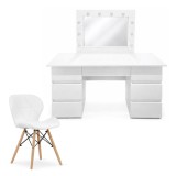 Masa de toaleta/machiaj, Vanessa + scaun Lago, alb, cu oglinda si LED-uri, 130x43x143 cm
