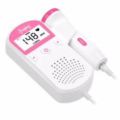 Monitor fetal doppler portabil gravide pentru ascultarea batailor inimii fatului intrauterin, monitorizare ritm cardiac, ecran LCD, culoare alb/roz