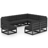 vidaXL Set mobilier grădină cu perne, 9 piese, negru, lemn masiv pin 3076838