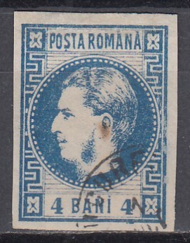ROMANIA 1868 LP 23 REGELE CAROL I CU FAVORITI 4 BANI ALBASTRU STAMPILAT