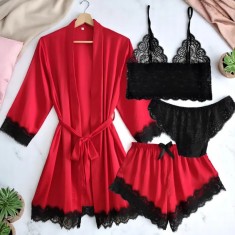 Set Pijama de Dama 4 Piese din Satin, Culoare Rosu - ANI120