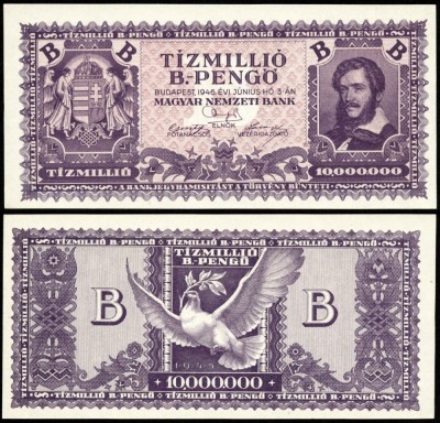 UNGARIA zece milioane de bilioane Pengo 1946 T&amp;iacute;zmilli&amp;oacute; B Pengő KOSSUTH LAJOS SUPERINFLATIE NECIRCULATA UNC foto