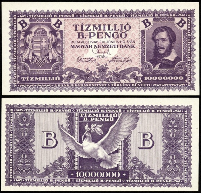 UNGARIA zece milioane de bilioane Pengo 1946 T&iacute;zmilli&oacute; B Pengő KOSSUTH LAJOS SUPERINFLATIE NECIRCULATA UNC