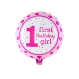 Balon din folie metalizata, flippy, prima aniversare, model first birthday girl, 45 cm, ambalaj individual, pai inclus, umflare cu aer sau heliu, roz