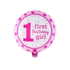 Balon din folie metalizata, flippy, prima aniversare, model first birthday girl, 45 cm, ambalaj individual, pai inclus, umflare cu aer sau heliu, roz