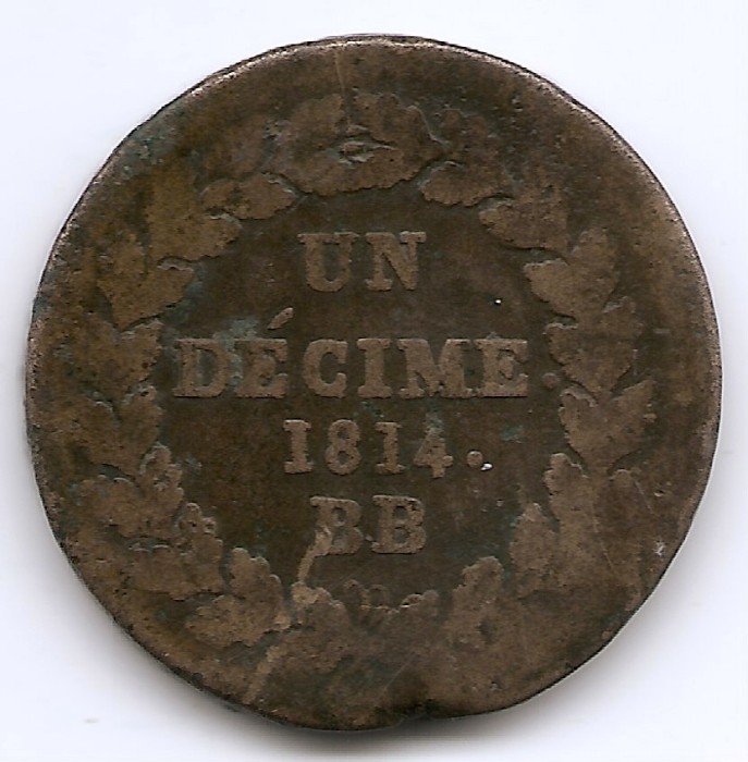 Franta 1 decime 1814 BB - Napoleon I, Litera N, Bronz, 25 g, 32 mm, KM-700