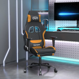 Scaun de gaming cu suport picioare, negru si oranj, textil