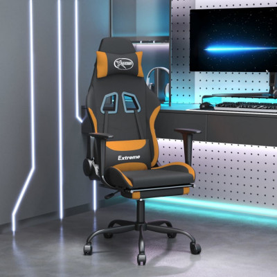 Scaun de gaming cu suport picioare, negru si oranj, textil foto