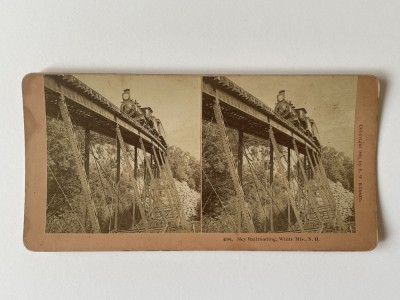Rar!!! STEREOGRAFIE veche LOCOMOTIVA pe pod cale ferata, anii 1891, USA foto