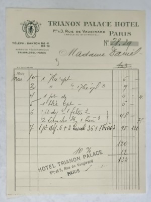 3.CHITANTA ELIBERATA FAMILIEI DOCTORULUI CONSTANTIN DANIEL DE HOTELUL &amp;#039; TRIANON PALACE &amp;#039; DIN PARIS , 1932 foto