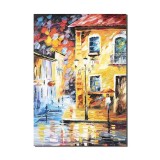 Tablou stilizat peisaj citadin pictat manual, Prin centrul vechi, 70x50cm ulei pe panza, superb
