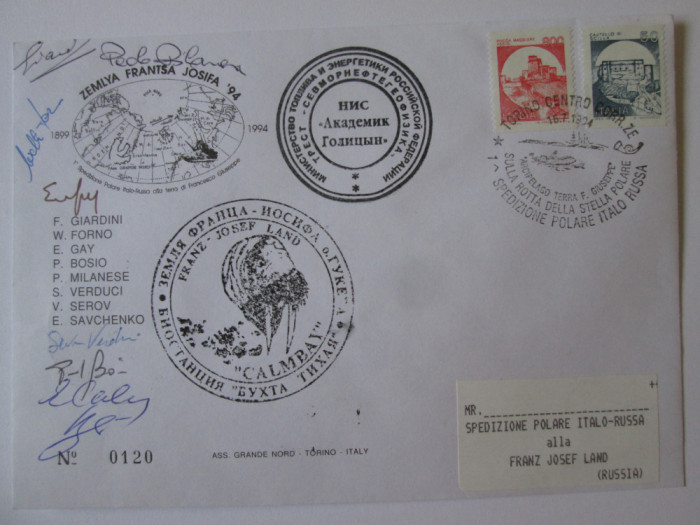 Rar!Plic stampile expeditia polara Italo-Rusa 1994 cu semnaturile exploratorilor