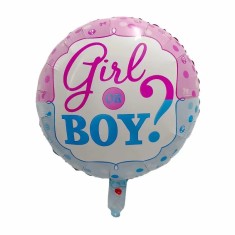 Balon din folie metalizata, flippy, figurina rotunda, model girl or boy, tema gender reveal, 45 cm, ambalaj individual, pai inclus, umflare cu aer sau