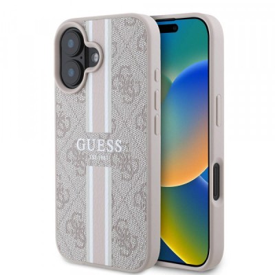 Husa MagSafe pentru Apple iPhone 16 Plus, Guess, 4G Printed Stripes, Roz foto