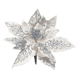 Ornament Crăciun, Floare, Clip, 25 cm, Alb, Glitter Argintiu, Oem