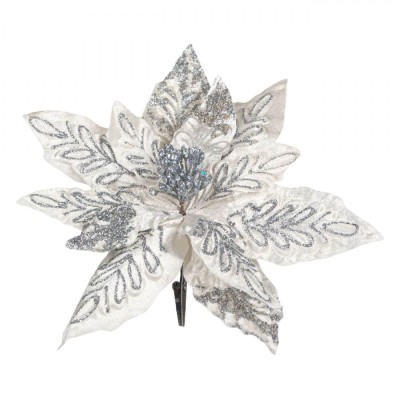 Ornament Crăciun, Floare, Clip, 25 cm, Alb, Glitter Argintiu foto