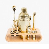 Set Cocktail Shaker, pentru preparare bauturi, 11 piese, otel inoxidabil, shaker auriu, 750 ml, suport bambus