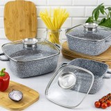 Set 3 oale din aluminiu turnat, cu strat marmorat, capac sticla, 20,24,28cm Klausberg