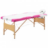 vidaXL Masă pliabilă de masaj, 3 zone, alb și roz, lemn
