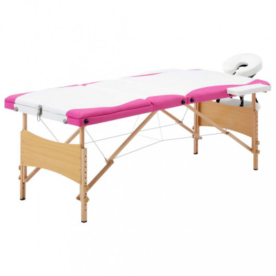 vidaXL Masă pliabilă de masaj, 3 zone, alb și roz, lemn foto