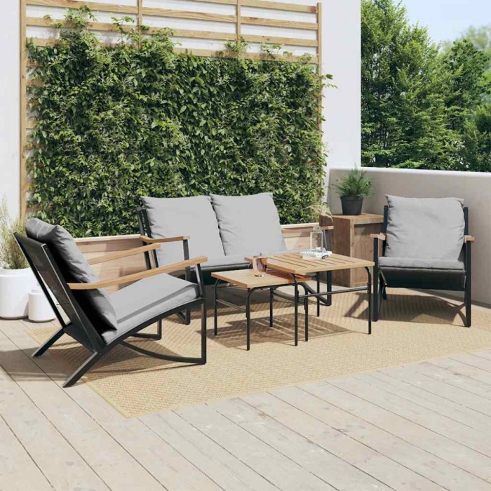 Set mobilier de balcon, 5 piese, cu perne, negru, oțel
