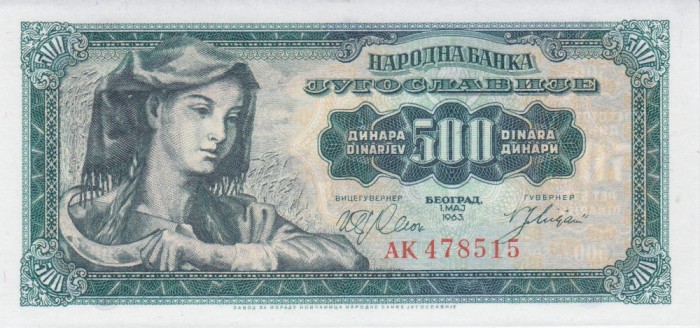 Bancnota Iugoslavia 500 Dinari 1963 - P74 UNC ( vezi descriere )